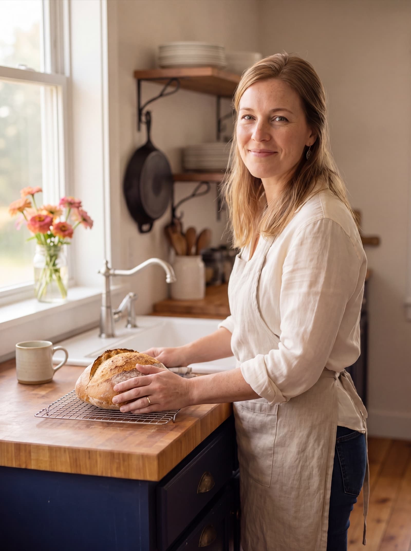 Rachel Whitaker at the farmhouse sink in her kitchen in the soft morning light, sourdough cooling on the counter.