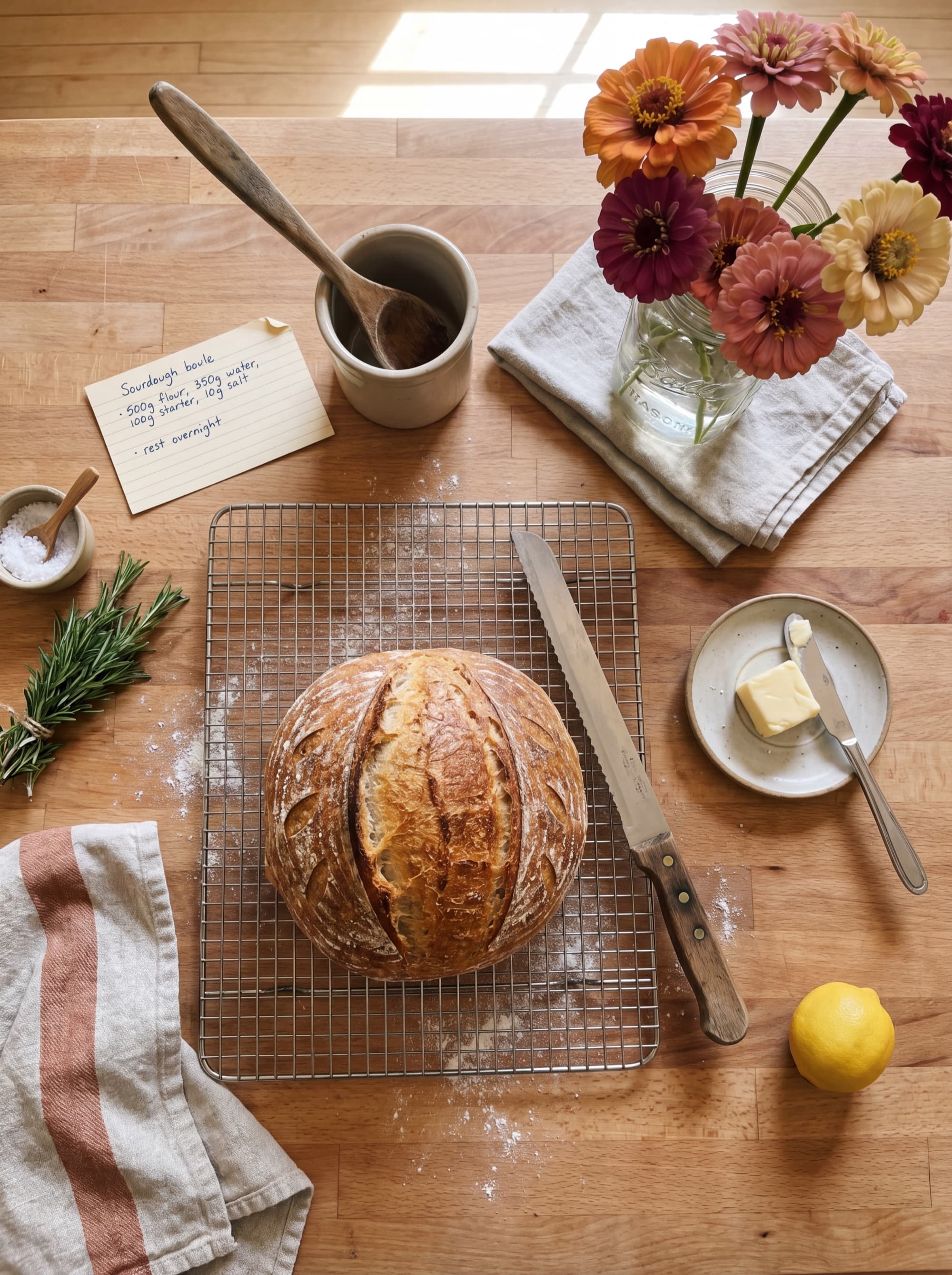 Overhead flat-lay of the kitchen counter: a loaf of sourdough on a wire rack, a mason jar of zinnias, a handwritten recipe card, a wooden spoon, a pat of butter on linen.